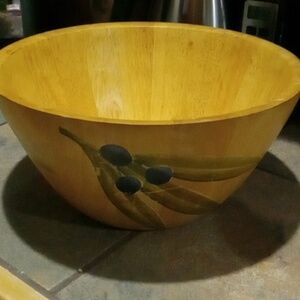 2001 Vintage Clay Art Wooden Olive Branch Hand Painted Salad Serving Bowl 12"×6"